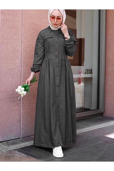 Modamorfo Buttoned Double Pocket Denim Dress with Elastic Sleeves - Anthracite