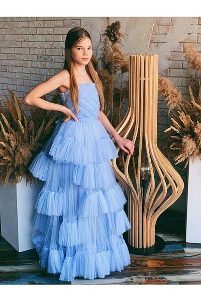 Zekids Girl's Piece Floor Detailed Tulle Design Evening Dress
