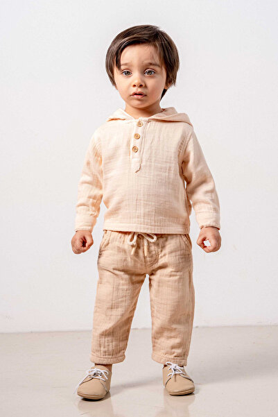 bombe Baby Kids Brown- Σολομός με κουκούλα βαμβακερό σετ 2 τεμαχίων First I'm Trend Fashion Bottom Top Σετ