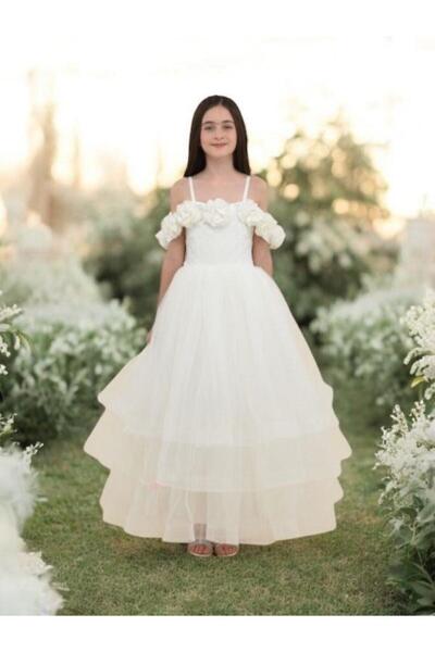 Zekids Girl's Floral Collar Princess Sleeves Tulle Design Evening Dress