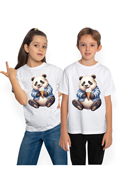 StoryGift Romania Tricou Copii cu un urs Panda vesel care tine o inghetata, i...