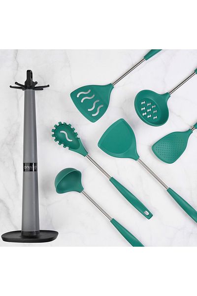 Onuvio Set of 6 Silicone Kitchen Utensils with Hook-Type Countertop Holder, BPA-Free, Onuvio® - Green