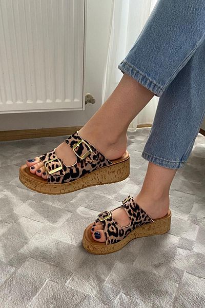 Preshley Women's Nora Leopard Pattern Double Band Thick Cork Sole Orthopedic Sandals Slippers K-270