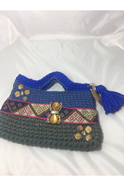 drt tasarım Kadın Penye İp Etnik Tokalı Renk Bloklu El ve Omuz Çantası DRT-BAG-0019