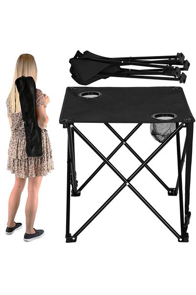 zola Folding tourist table, 2 cup holders, metal frame, carrying bag, 45x45x45 cm, black