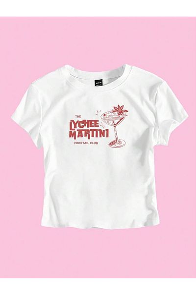 PALPİTO Women's White Lychee Martini Printed Crew Neck Tight Crop Tshirt