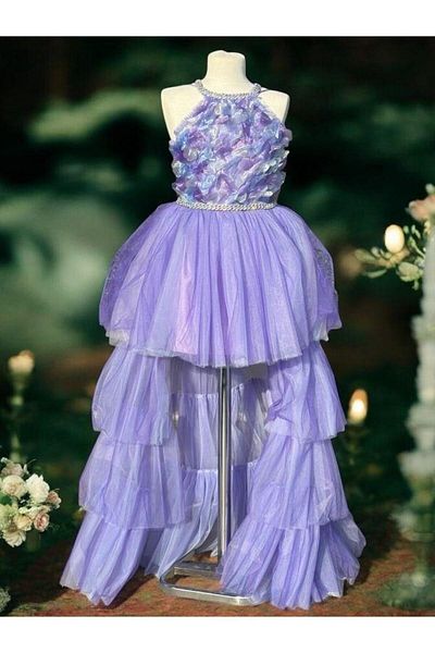 Zekids Girl's Tulle Floral Short Front Long Back Evening Dress