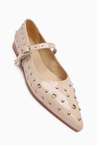 Limoya Ninna Beige Patent Leather Pointed Toe Women's Ballerinas