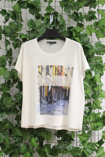 YXL COLLECTION Γυναικεία μπλούζα με λαιμόκοψη με ρόμπα με στάμπα από τούλι με...