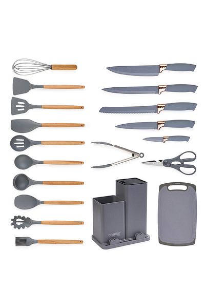 Onuvio 19-piece Kitchen Utensil Set, Wood And Food-grade Silicone, Knives, Chopping Board, ™ - Gray