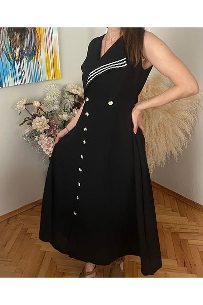 ByEsila Double Breasted Model Premium Quality 100% Linen Black Dress