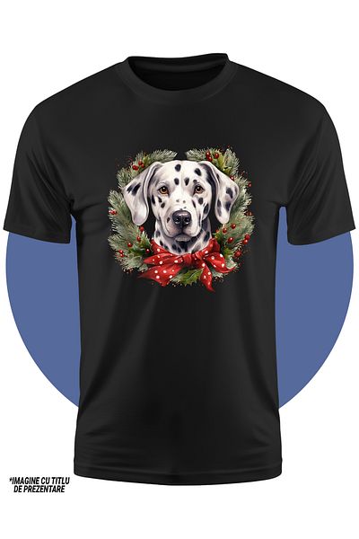StoryGift Romania Tricou Copii Cu Un Caine Dalmatian, Ilustratie, Coroana, Brad, Frunze, Vasc, Iarna, Frig,