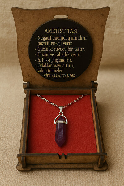 incidesign Ametist Taşı Kristal Kolye Doğal Mor Taş, Ahşap Kutulu, Anneye, Se...