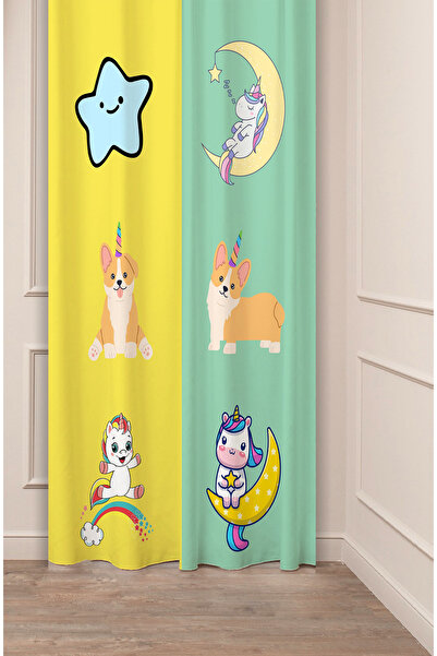 GREENDECOR Unicorn Dog Star Special Design Patterned Digital Printed (Single Wing) Children's Room Modern Background Curtain