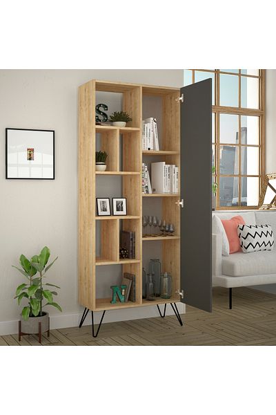 Mourah Home Jedda 7-Tier Bookshelf with 1 Door – Storage Rack - Display Cabinet With Metal Legs