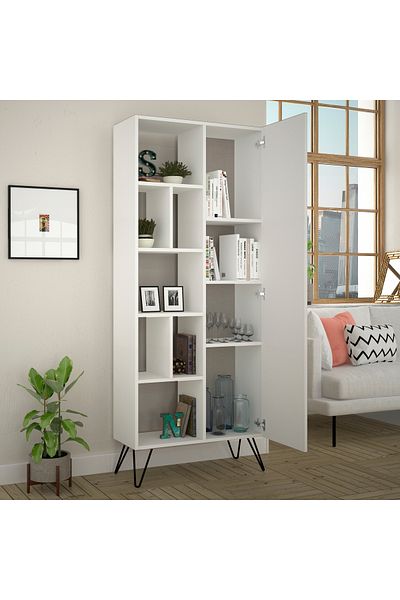 Mourah Home Jedda 7-Tier Bookshelf with 1 Door – Storage Rack - Display Cabinet With Metal Legs