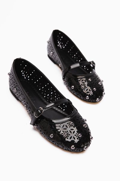 Limoya Jara Black Patent Leather Ethnic Patterned Perforated Women's Ballerina Shoes