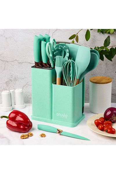 Onuvio 19-piece Kitchen Utensil, Wood And Food-grade Silicone, Knives, Chopping Board, ™ - Turquoise