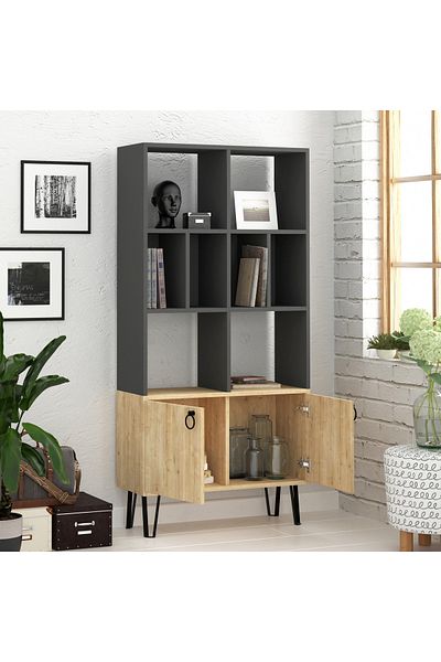 Mourah Home Bene 2-tier Bookcase With Doors – Bookshelf Cabinet - Display Rack With Metal Legs