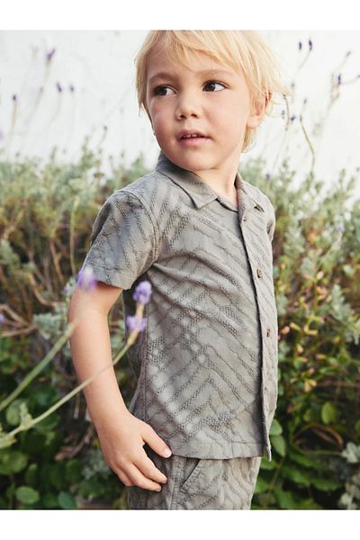 Next Baby Khaki Green - Short Sleeve Revere Collar Texture 100% Cotton Shirt & Shorts Set