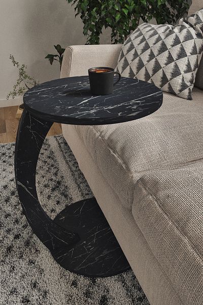 interGO Masă rotundă în formă de C cu roți - model de marmură neagră