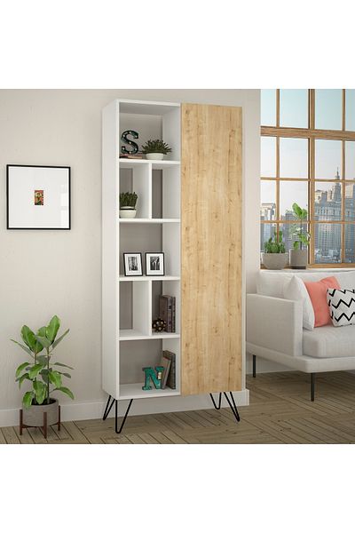 Mourah Home Jedda 7-Tier Bookshelf with 1 Door – Storage Rack - Display Cabinet With Metal Legs