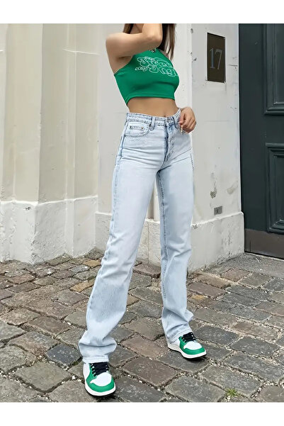 WODDİ Pantaloni de blugi largi Alice pentru femei Ice Snow Blue Palazzo Power material elastic Super talie înaltă