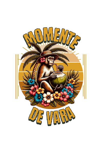 StoryGift Romania Sticker Eticheta 50CM Adeziv Momente de vara maimuta cu nuca de cocos cu Margini Albe, PVC Vin