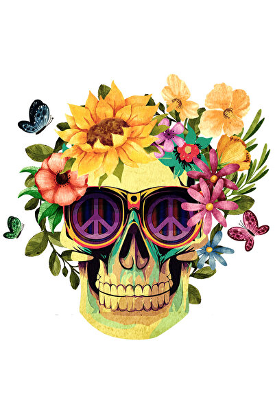 StoryGift Romania Sticker Eticheta 50CM cu un craniu inconjurat de flori, ilu...