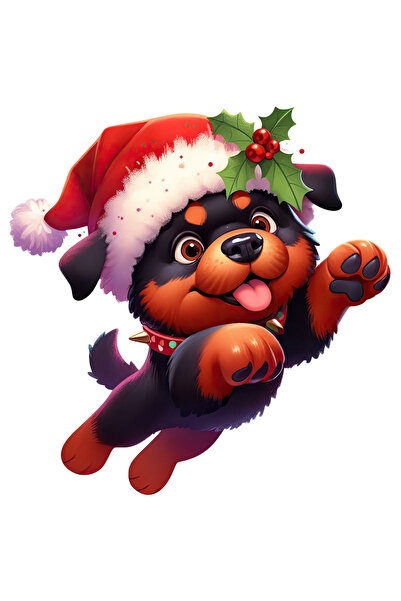 StoryGift Romania Sticker Adeziv 90CM cu un catel Rottweiler care poarta o caciula de Craciun, ilustratie, vasc,