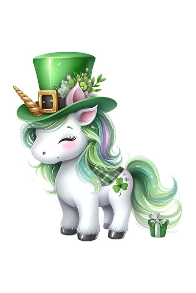 StoryGift Romania Sticker Autocolant 70CM cu un unicorn care poarta o palarie verde, ilustratie, cadou, noroc, S