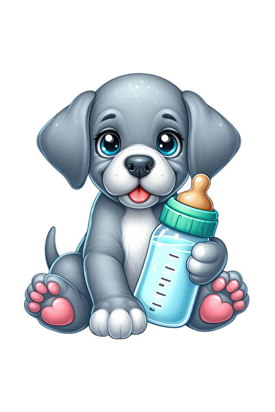 StoryGift Romania Sticker Eticheta 40CM cu un catelus gri care tine un bibero...