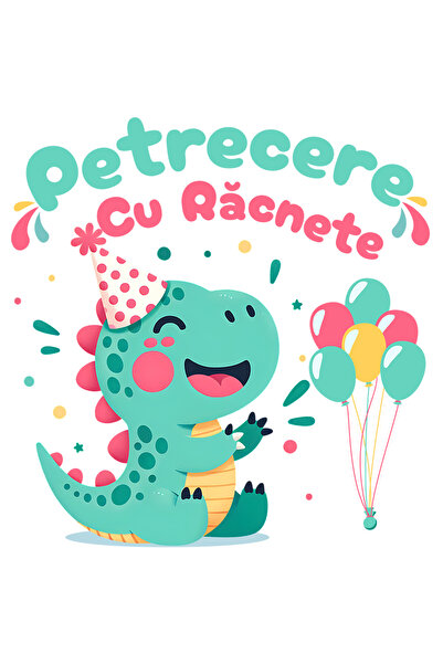 StoryGift Romania Sticker Autocolant 70CM Adeziv Petrecere Fara Egal dinozaur cu baloane si coif cu Margini Albe