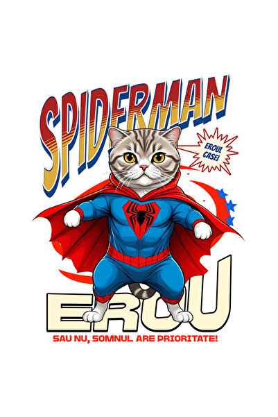 StoryGift Romania Sticker Cu Scottish Fold Pisica In Costum De Spiderman Cu Pelerina, Erou Nocturn, Desene A