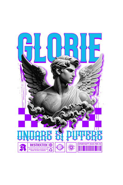 StoryGift Romania Sticker Autocolant 70CM cu Bust Statuie Barbat Cu Aripi Text Glorie Onoare Si Putere cu Margin