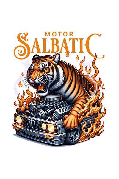 StoryGift Romania Sticker 70CM Adhesive wild tiger engine car in flames speed with White Edges,