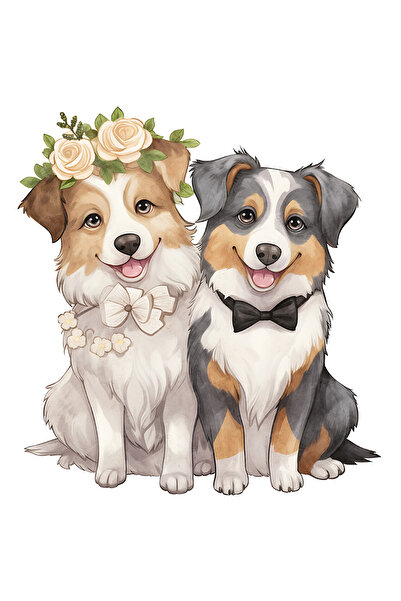 StoryGift Romania Sticker Eticheta 40CM cu o catelusa si un cattel, ilustratie, flori albe, papion, amici, pentr