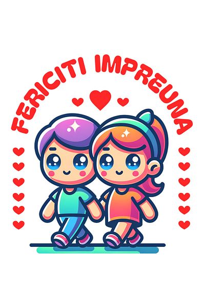 StoryGift Romania Sticker Eticheta 50CM cu Cuplu Fericit Plimbare Romantica Text Fericiti Impreuna cu Margini Al