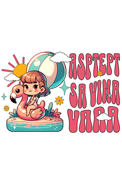 StoryGift Romania Sticker Adeziv 90CM cu Fata Pe Colac Flamingo in Mare Plaja Text Astept Sa vina vara cu Margi