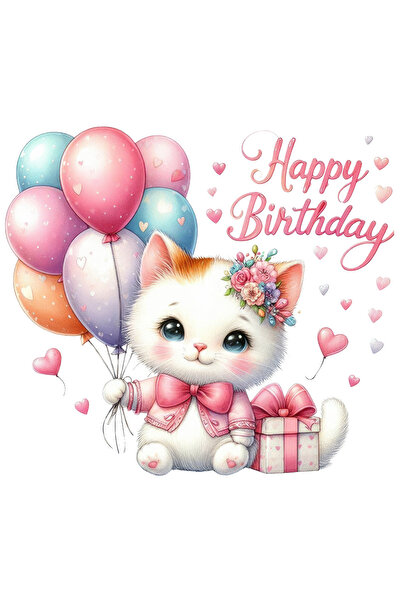 StoryGift Romania Sticker Cu O Pisicuta Cu Mesajul "happy Birthday", La Multi Ani, Ilustratie, Pentru Copii,