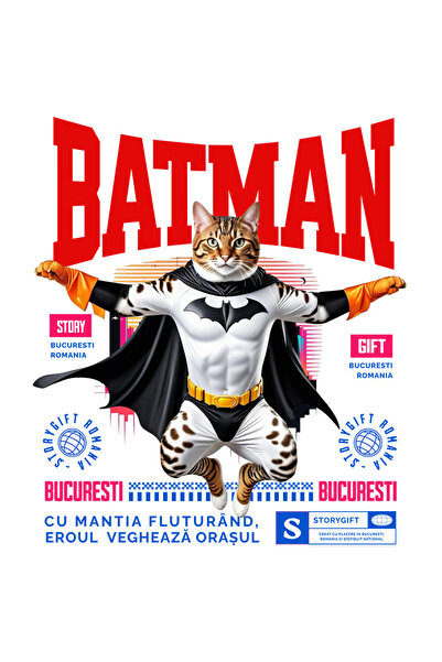 StoryGift Romania Sticker Autocolant 70CM cu Bengal Pisica In Costum de BatMan cu Pelerina, Erou Nocturn, Desene