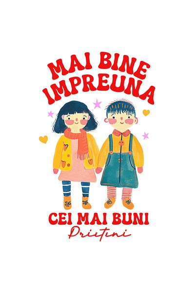 StoryGift Romania Sticker Autocolant 70CM cu Portret Doi Copii Colorati Text Mai Bine Impreuna Cei Mai Buni Prie