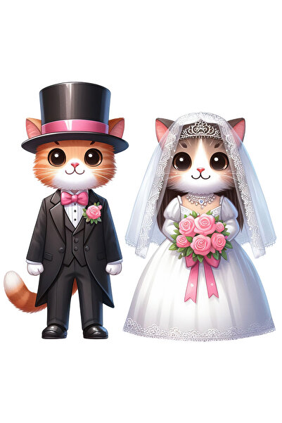 StoryGift Romania Sticker Eticheta 50CM cu o pisica si un motan la nunta, ilu...