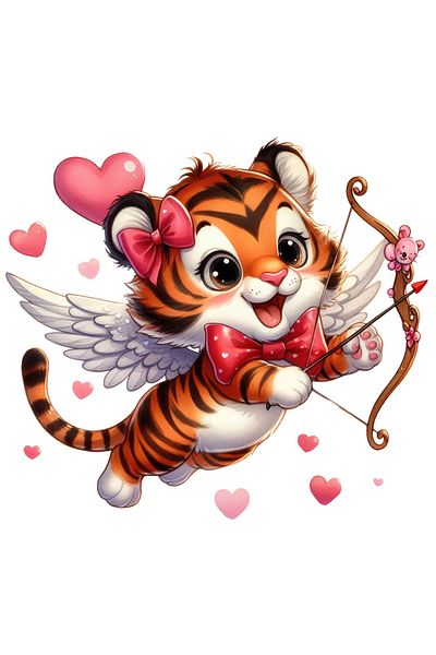 StoryGift Romania Sticker Label 50CM with a tiger Cupid shooting a bow, illustration, hearts, wings, i