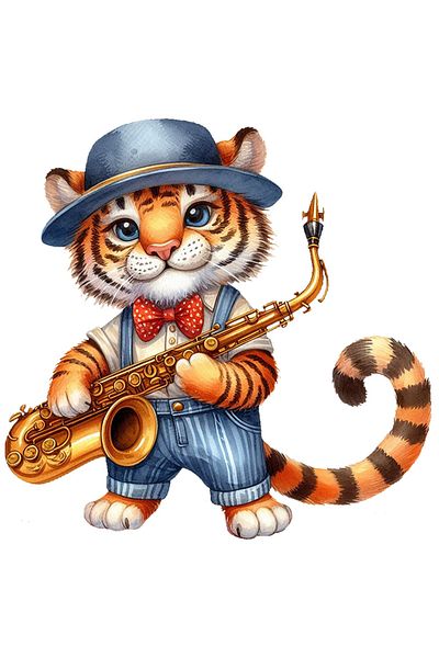 StoryGift Romania Sticker With A Cheerful Tiger Cub Holding A Saxophone, Illustration, Concert, Animal Salba