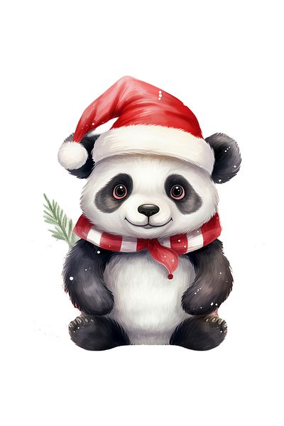 StoryGift Romania Sticker Eticheta 40CM cu un urs Panda vesel, caciula de Craciun, ilustratie, fular, frig, iarn