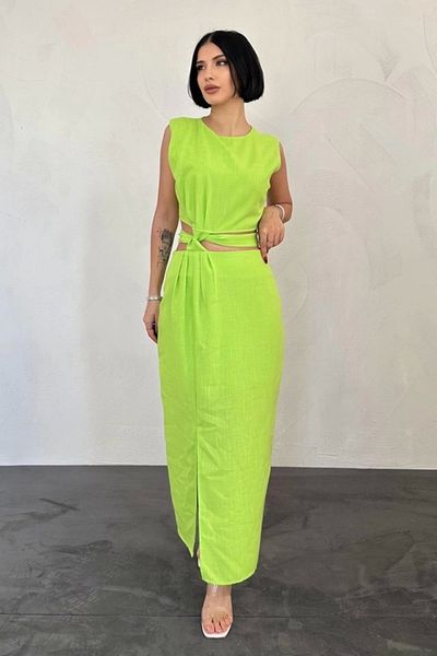 nedo7 Pistachio Green Belted Crop and Skirt Set