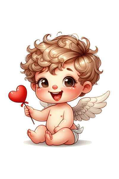 StoryGift Romania Sticker Autocolant 70CM cu un bebelus vesel care tine o inima, ilustratie, aripi, Cupidon, fer