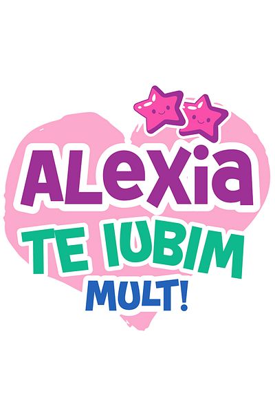 StoryGift Romania Sticker Eticheta 40CM cu Inima Roz Cu Stele Zambitoare Text Alexia Te Iubim Mult, Dragoste Val