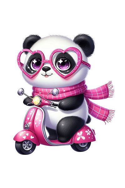 StoryGift Romania Sticker 28 Cm Cu O Ursoaica Panda Care Conduce Un Scuter, Plimbare, Viteza, Fular, Ochelari, Ini